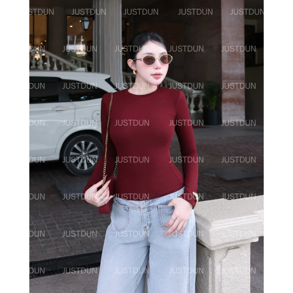 Áo Thun Nữ Dài Tay JUSTDUN A8 Cổ Tròn, Cotton Mịn Dày Dặn, Siêu Co Giãn Mềm Mại, Tôn Dáng