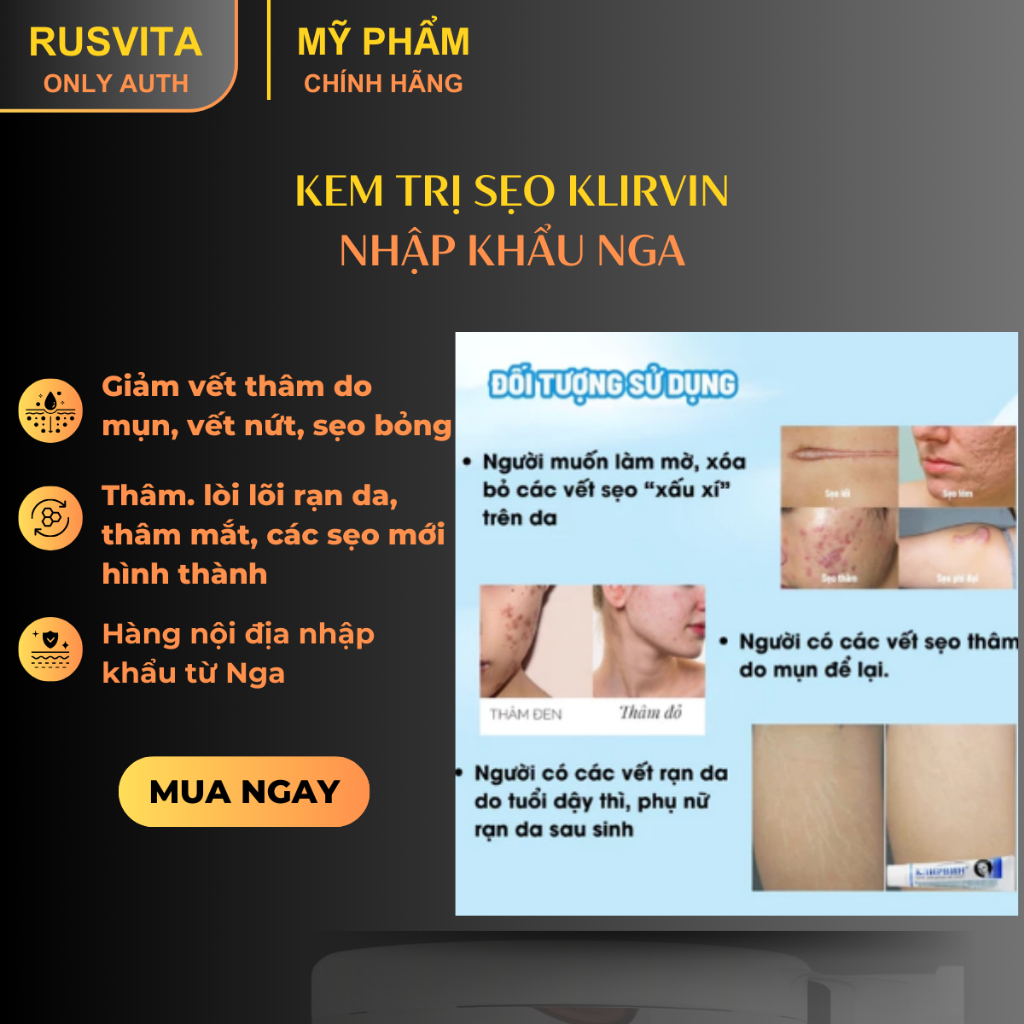 [Kem mờ sẹo rạn da KLIRVIN nhập khẩu Nga chính hãng] Giảm sẹo, thâm, rạn da, mụn cóc, phục hồi làn da mịn màng