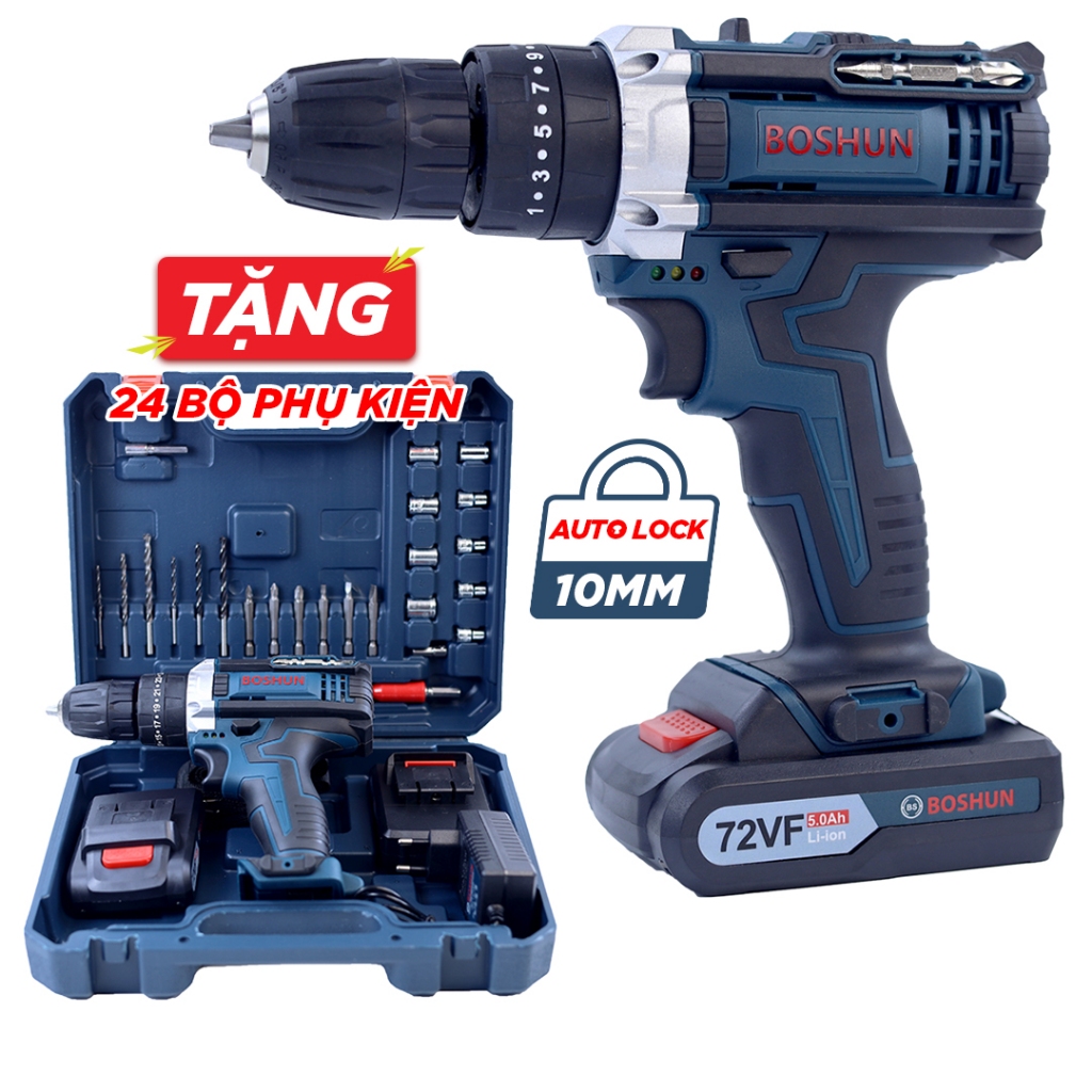 [MỚI VỀ] Bộ Máy Khoan Pin Boshun 72VF, BS-7210MB Chính Hãng - 3 Chức Năng Kèm 24 Phụ Kiện