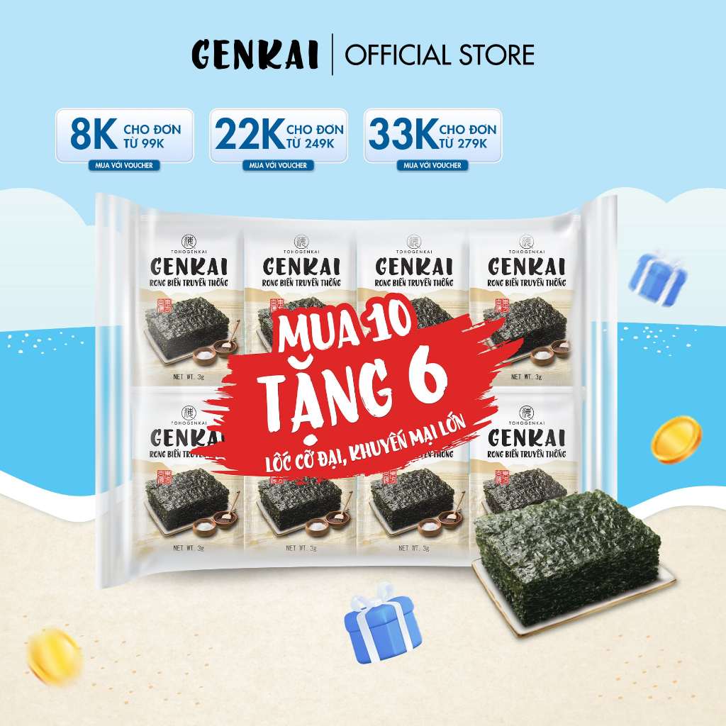 [Mua 10 tặng 6] Combo 16 gói rong biển ăn liền Genkai vị truyền thống ...