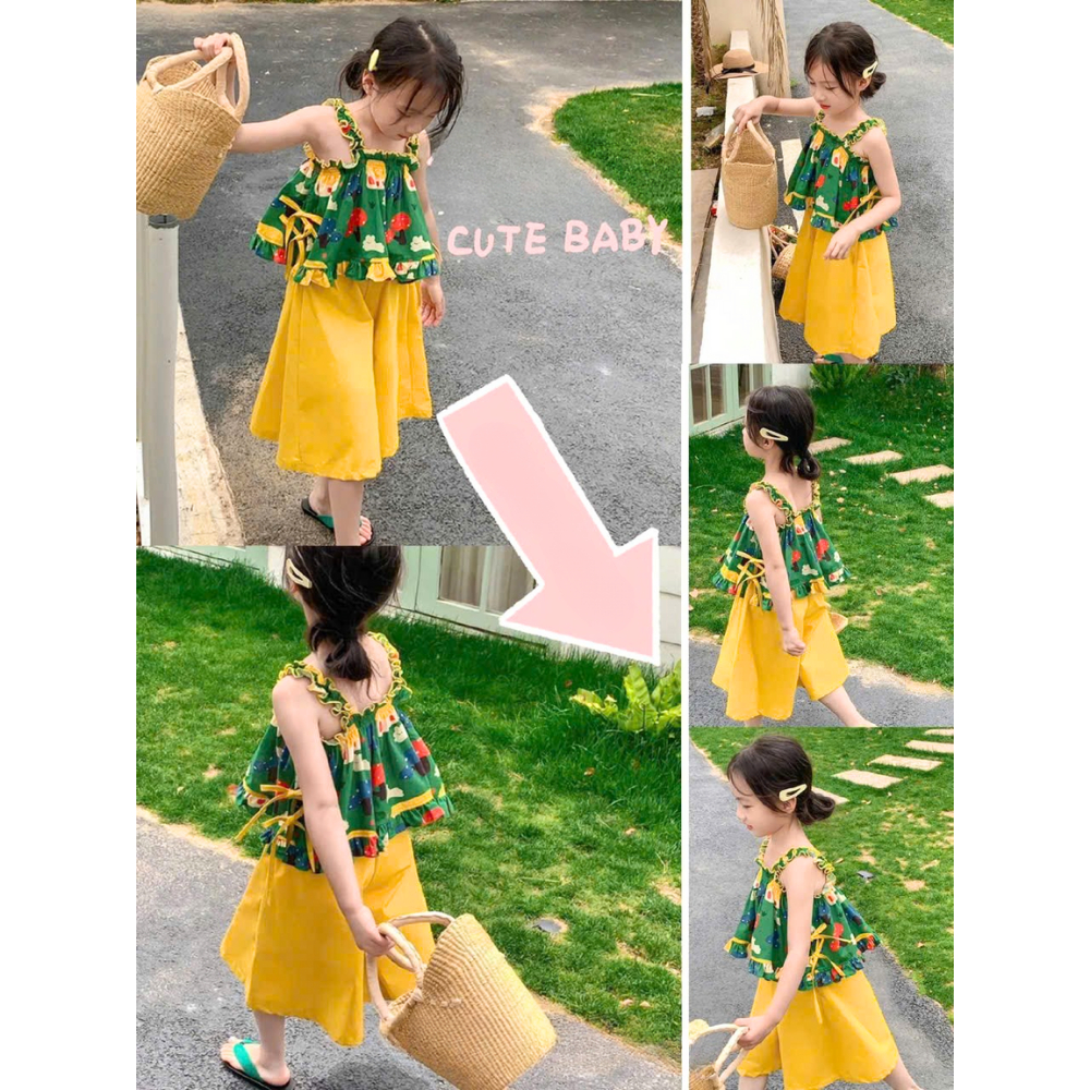 Set Đồ Bé Gái, Set Bộ 2 Dây Cho Bé Gái Áo Bèo Chun Phối Quần Ống Rộng Chất Liệu Mềm Mại