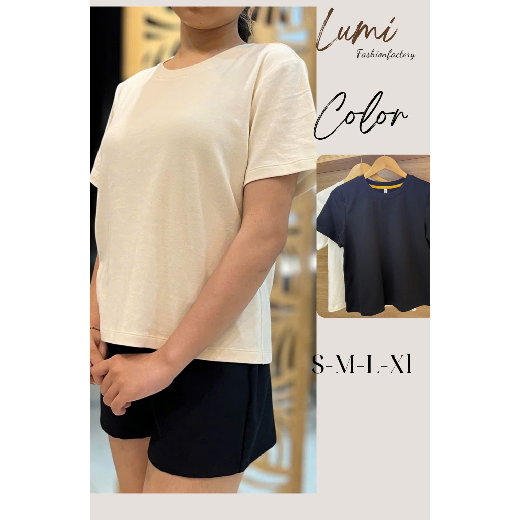 LUMI - Áo thun nữ tay ngắn vải cotton co giãn 4 chiều, áo phông thời trang đi chơi màu trắng/ đen