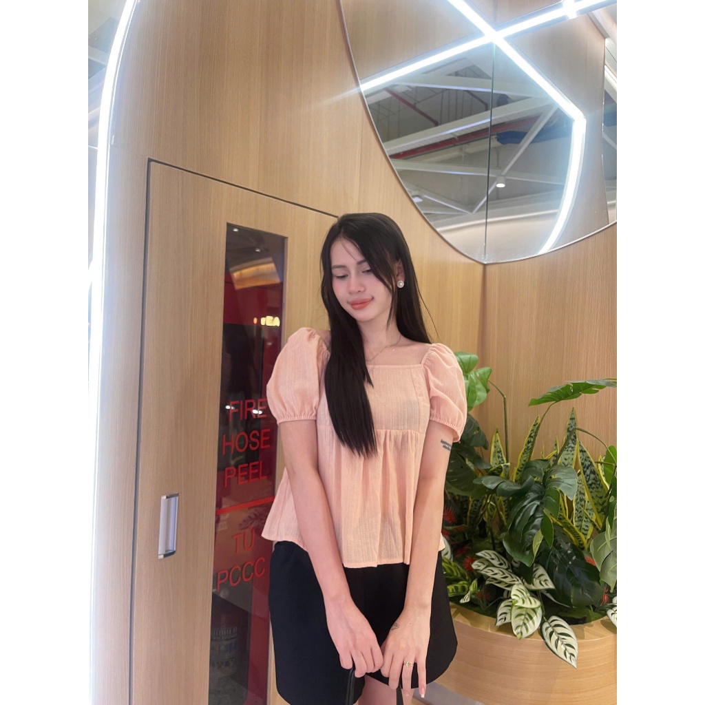 LUMI - Áo kiểu nữ babydoll cổ vuông tay bồng ngắn chất đũi cotton thô phong cách Hàn Quốc trẻ trung