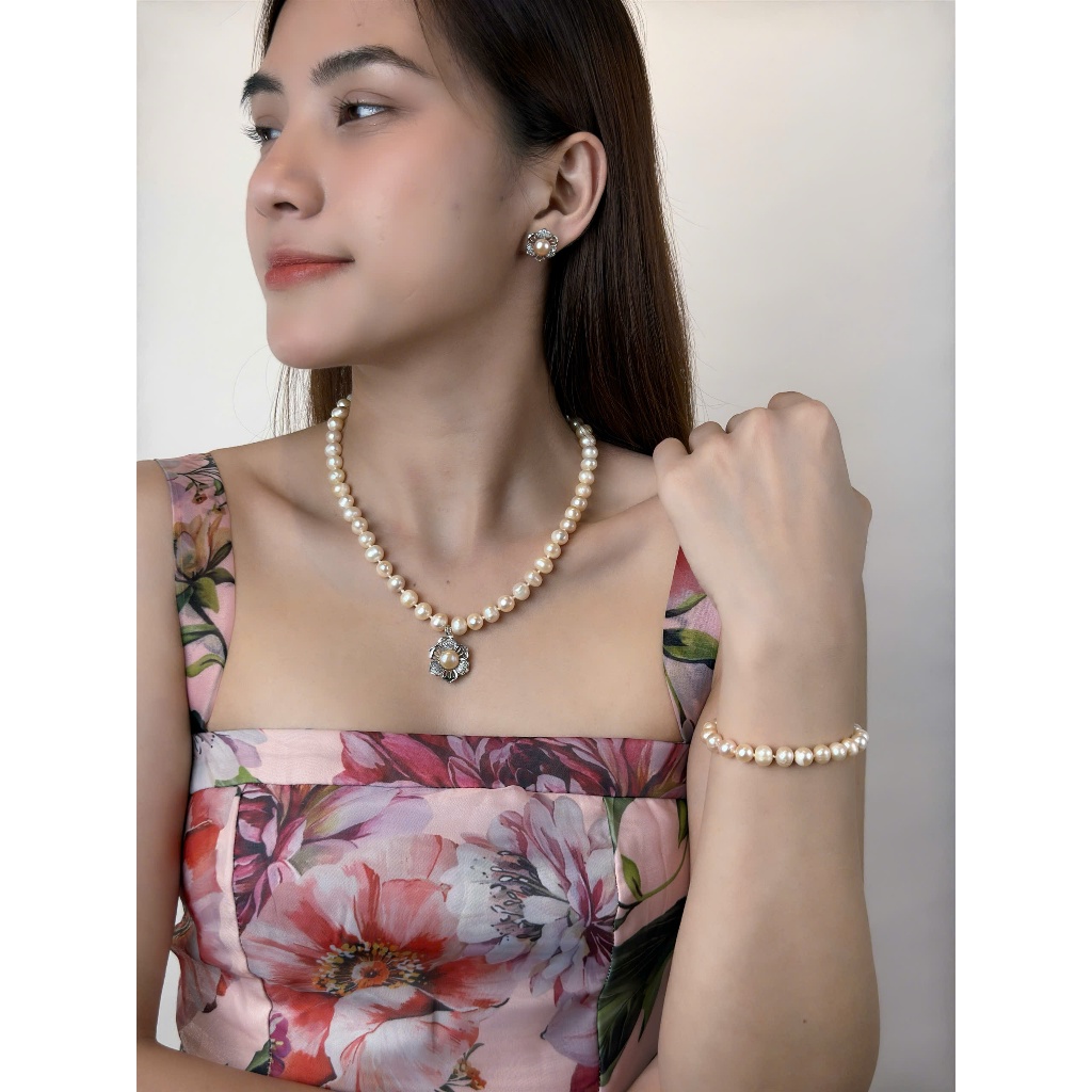 SET137 - Bộ trang sức ngọc trai nuôi nước ngọt 7-8 li - 4 món: Vòng cổ, vòng tay, nhẫn và bông tai- Quà 20/10 tặng mẹ,vợ