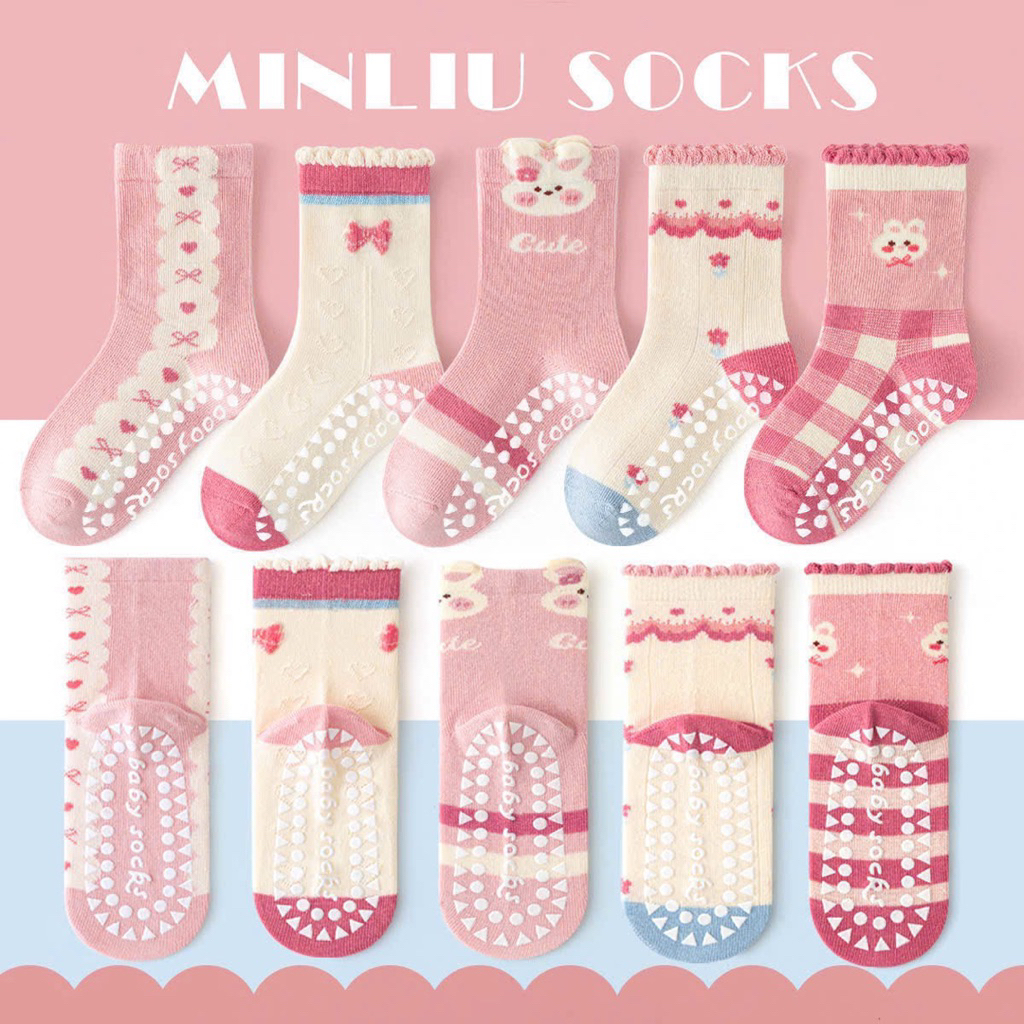 Bộ 5 Đôi Tất Cho Bé Họa Tiết Hồng Thỏ Nơ Dễ Thương, Chống Trượt LILIRIA te121 LILIRIA
