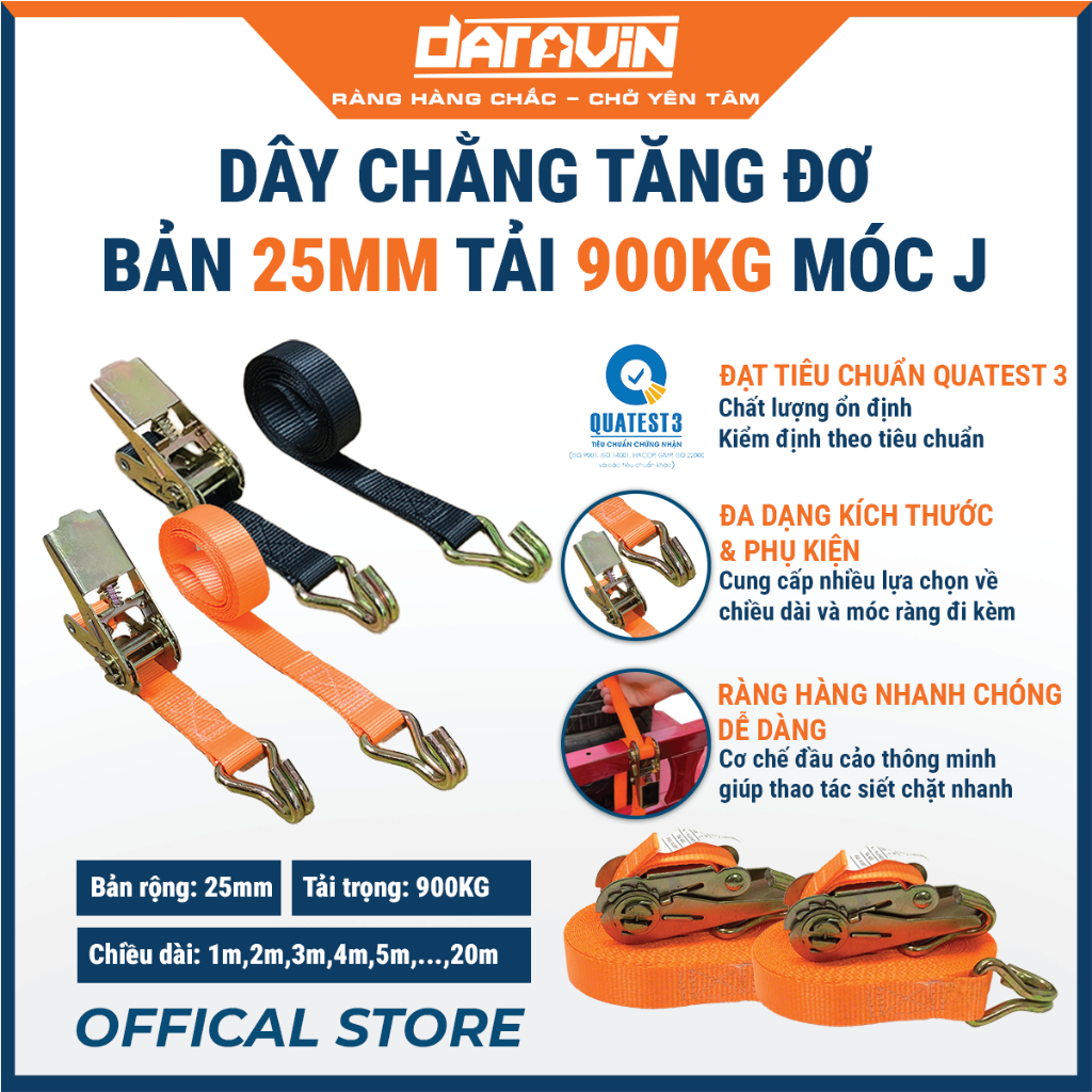 Dây Cảo Chằng Hàng Tăng Đơ Ràng Xe Máy DARAVIN Bản 25mm Tải 900Kg Móc J ...
