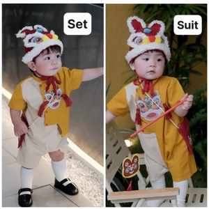 SALE LẺ SZ Sẵn shipp Set và Suit tone Vàng be vinatage mũ Lân têt cho bé chụp hình đi chơi