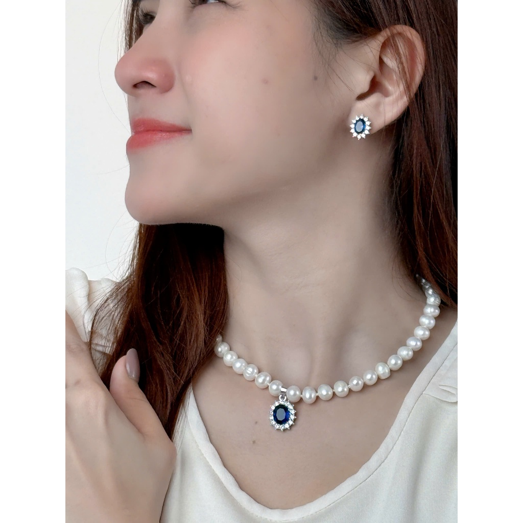 SET69 - Bộ trắng Sức ngọc trai Đính Đá Mặt Xanh Tím- Vòng Cổ, Vòng Tay, Nhẫn và Bông Tai 7-8 li- Quà 20/10 tặng mẹ và vợ