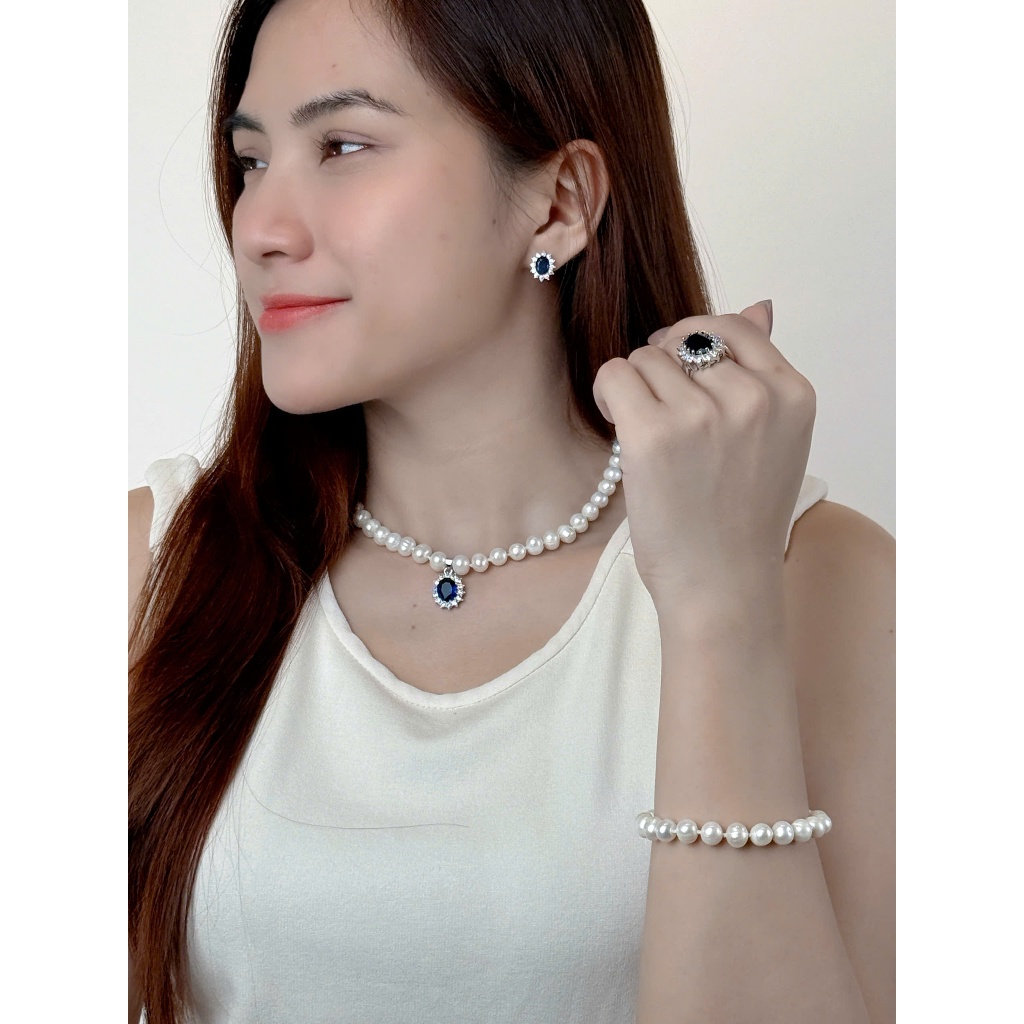SET69 - Bộ trắng Sức ngọc trai Đính Đá Mặt Xanh Tím- Vòng Cổ, Vòng Tay, Nhẫn và Bông Tai 7-8 li- Quà 20/10 tặng mẹ và vợ