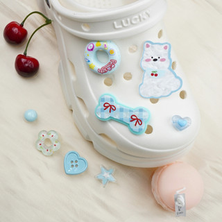 Bộ 8 Sticker, Charm 3D chủ đề Cún phao xanh nhựa cứng gắn Dép Sục, Cá Sấu Mita JB-378