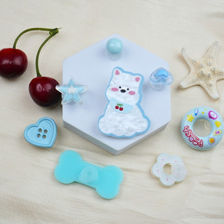 Bộ 8 Sticker, Charm 3D chủ đề Cún phao xanh nhựa cứng gắn Dép Sục, Cá Sấu Mita JB-378