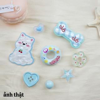 Bộ 8 Sticker, Charm 3D chủ đề Cún phao xanh nhựa cứng gắn Dép Sục, Cá Sấu Mita JB-378