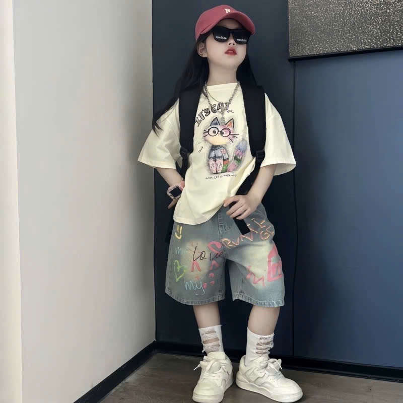 [Phúc Anh Kids] Set Bộ Bé Gái Áo Phông Hình Con Mèo Kèm Quần Jean Chữ Dáng Đậm (15-50kg) A07