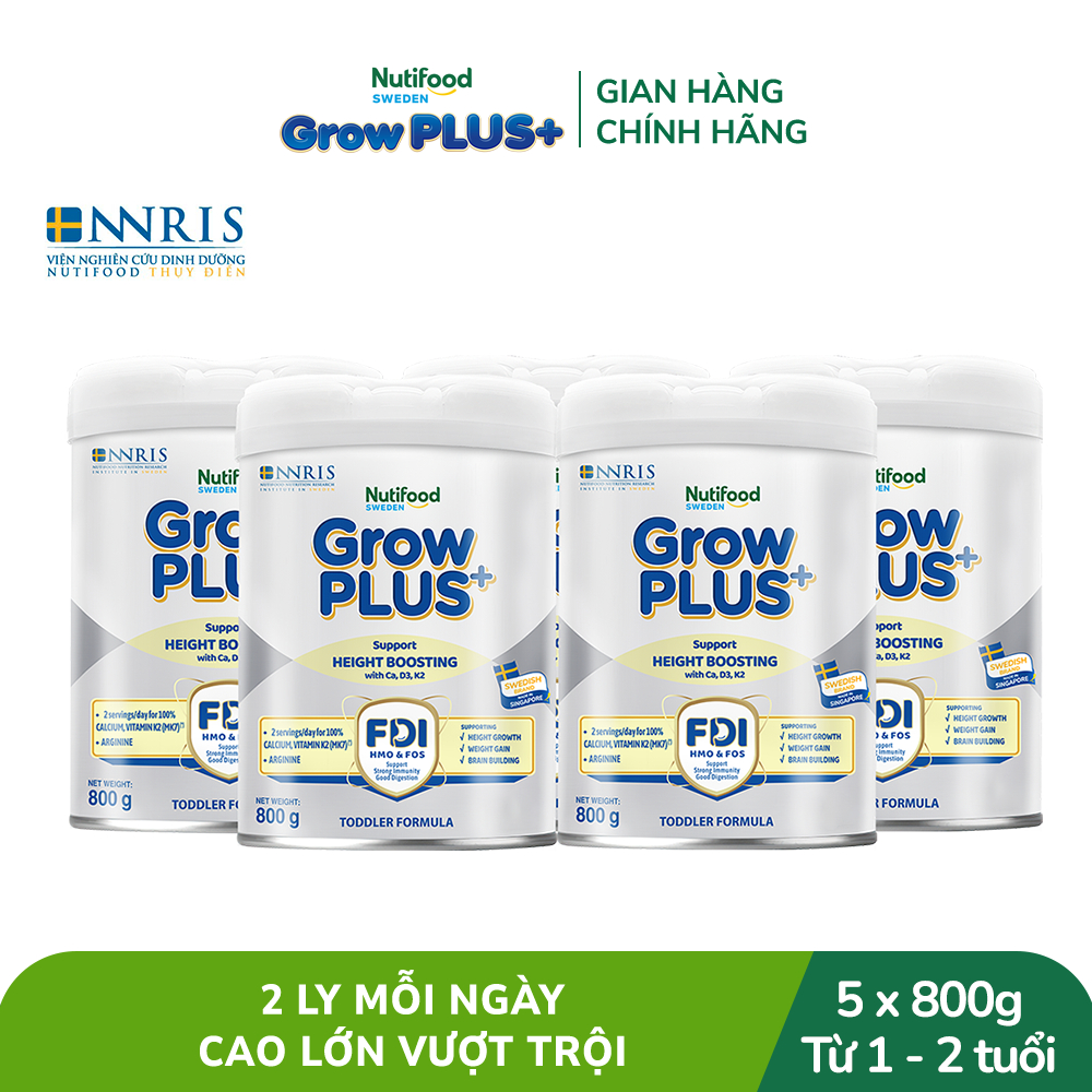 Combo 5 Sữa Bột Nutifood Sweden GrowPLUS+ Cao lớn vượt trội từ 1 - 2 tuổi (Bạc) 800g