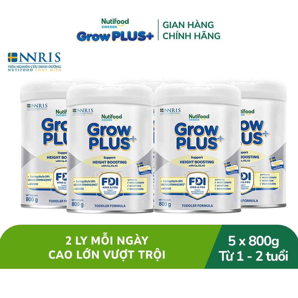 Combo 5 Sữa Bột Nutifood Sweden GrowPLUS+ Cao lớn vượt trội từ 1 - 2 tuổi (Bạc) 800g