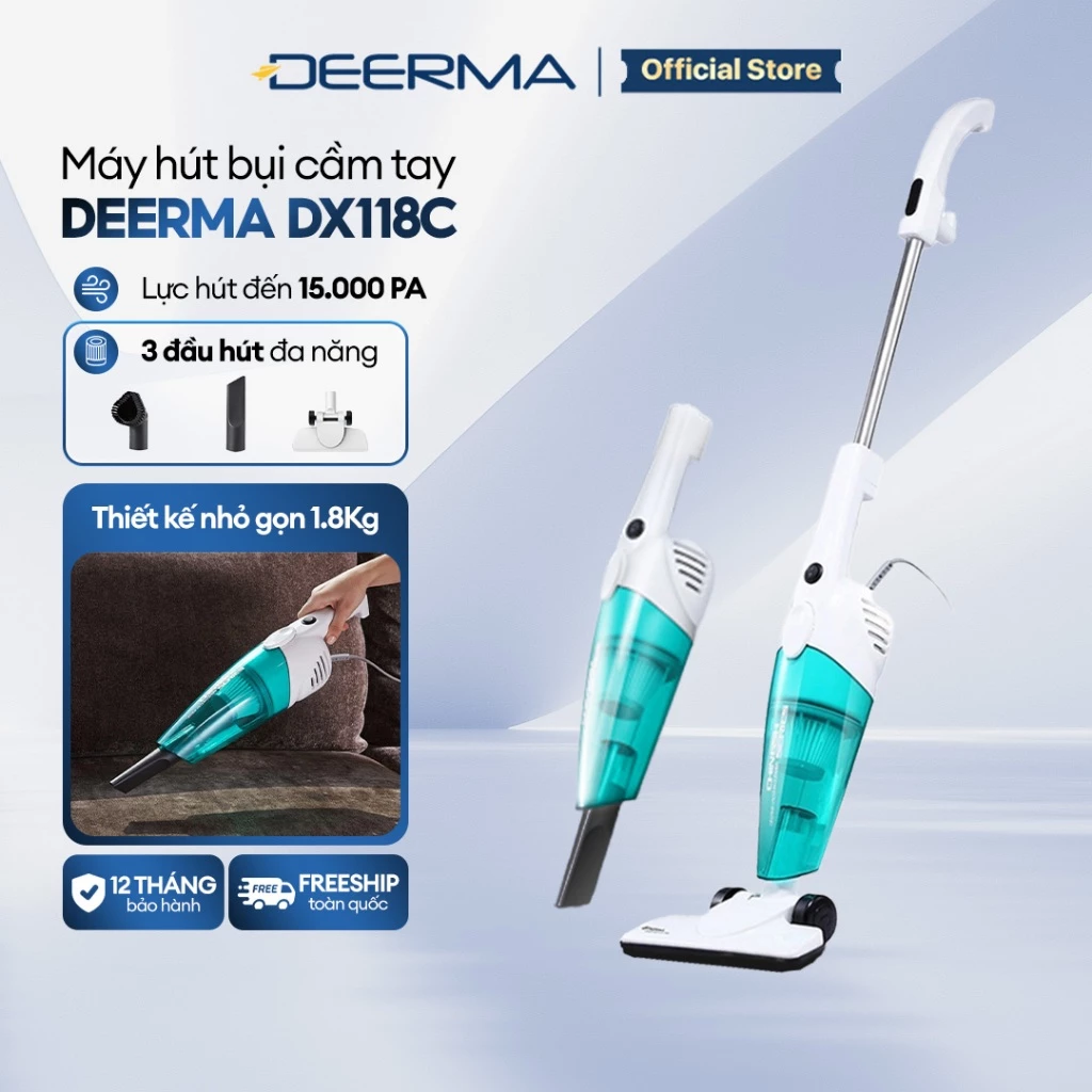 Máy hút bụi cầm tay Deerma DX118C lực hút 15000pa, công suất 600W với bộ lọc bụi mịn HEPA - Bảo hành
