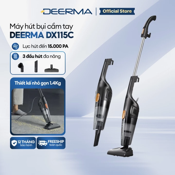 Máy hút bụi cầm tay Deerma DX115C lực hút 15000Pa công suất 600W kèm 3 đầu hút đa năng chính hãng - Bảo hành 12 tháng