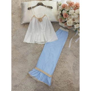 Set Mặc Nhà Khánh An Áo Hai Dây Ren Phối Với Quần Dài Loe Nhẹ Quyến Rũ