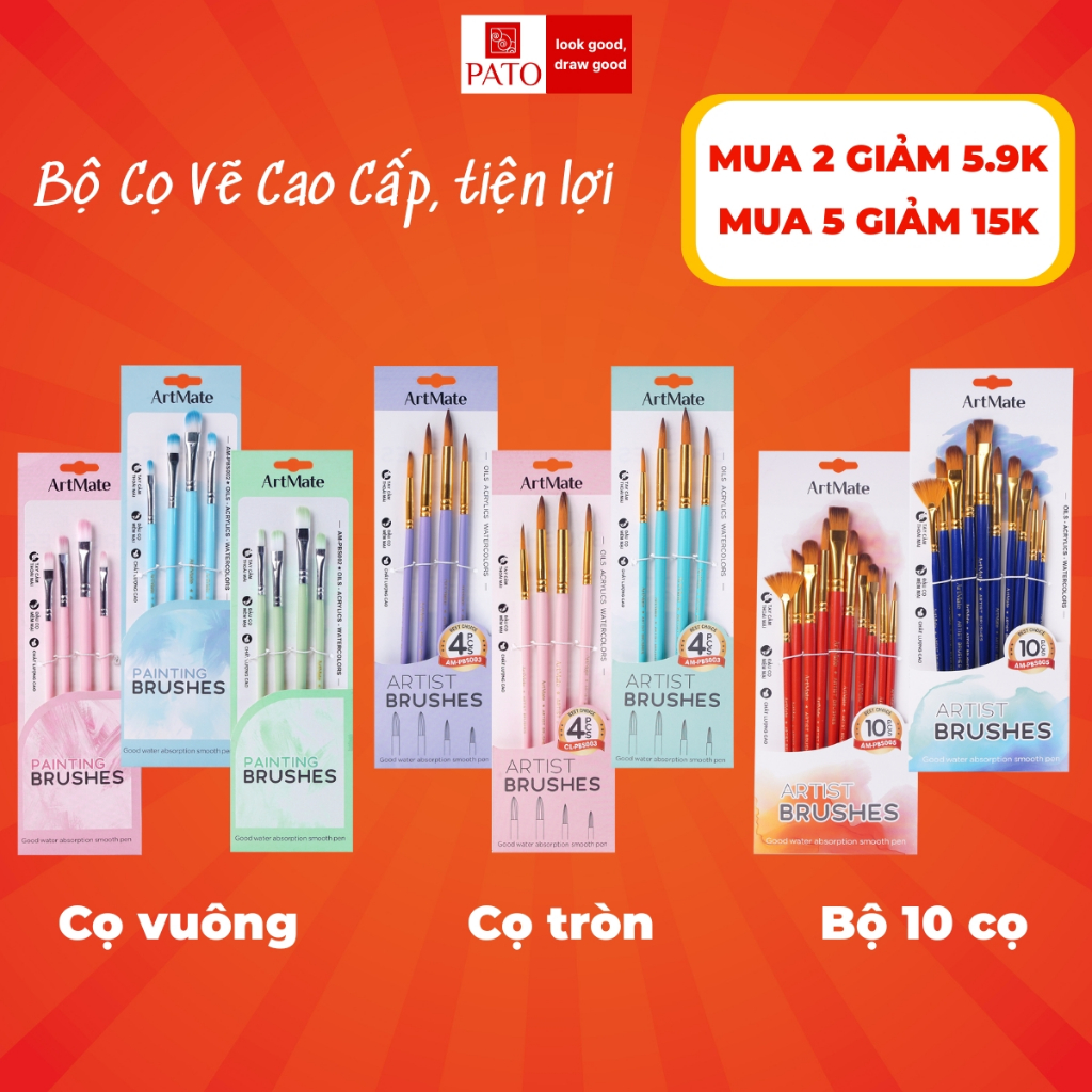 Bộ Cọ Vẽ Màu Nước Artmate Cao Cấp 4/10 Món Bút Lông Vẽ Màu Nước, Màu Acrylic, Màu Gouache Đa Năng