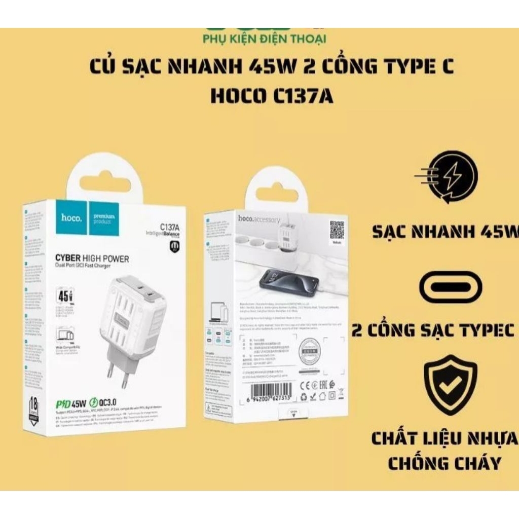 Củ sạc nhanh C137A  45w,2 cổng sạc nhanh.