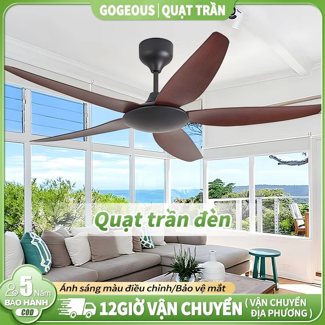 Quạt trần ,quạt trần có đèn 5 cánh lắp phòng khách-phòng ngủ động cơ DC có đảo chiều kèm điều khiển