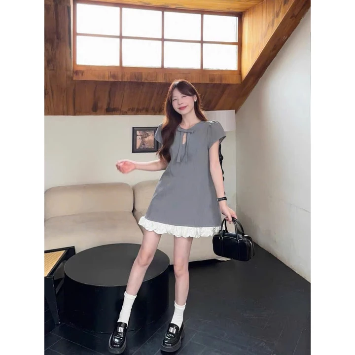 (Hàng Shop): Váy Linen Tay Cộc Đính Nơ Nhúm Bèo 4 Màu Dáng Xuông Siêu Xinh , Mẫu Bánh Bèo Tiểu Thư ,Váy Đi Cafe , Chơi