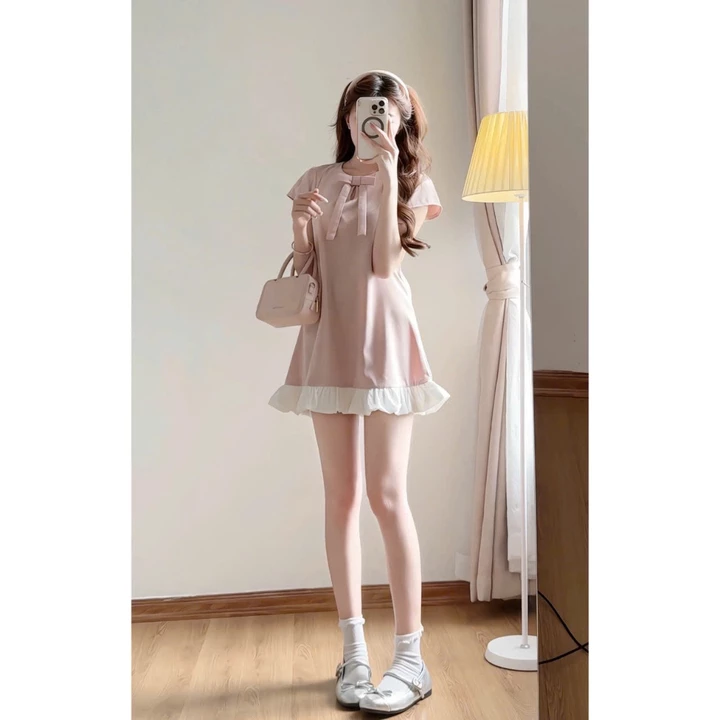 (Hàng Shop): Váy Linen Tay Cộc Đính Nơ Nhúm Bèo 4 Màu Dáng Xuông Siêu Xinh , Mẫu Bánh Bèo Tiểu Thư ,Váy Đi Cafe , Chơi