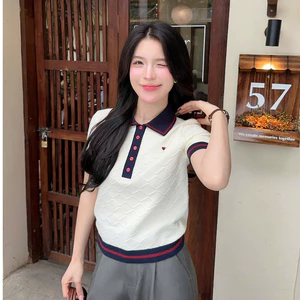 - Áo len nữ tay ngắn cổ polo len lông thỏ cao cấp dệt nổi thêu hình PL23 250g
