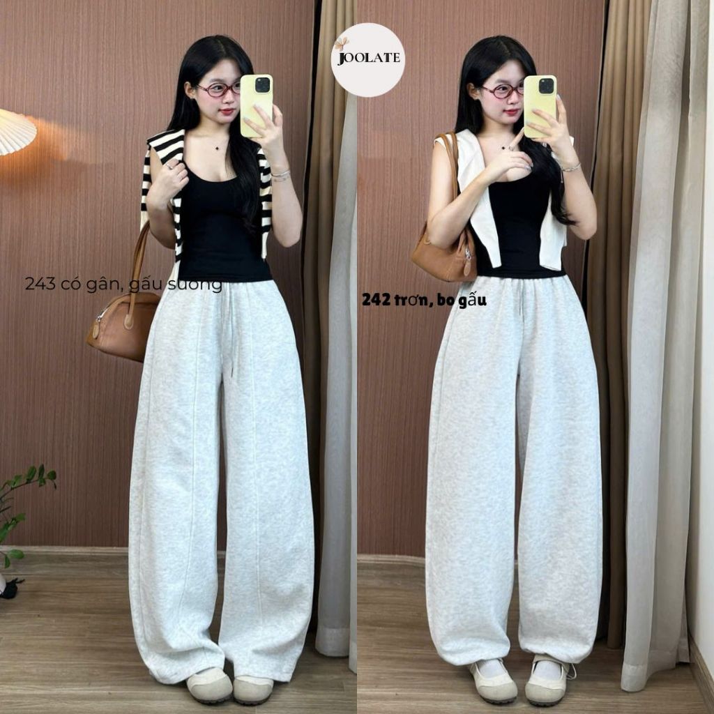 Quần nỉ 2 da nữ ống rộng phối gân form rộng unisex thu đông giữ ấm – Joolate