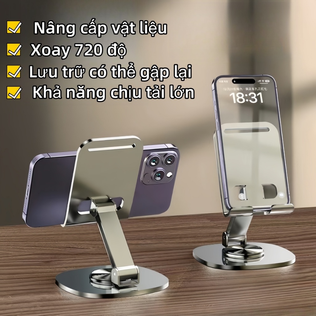 Giá Đỡ Điện Thoại, Máy Tính Bảng HỢP KIM NHÔM Xoay 360, Kệ Để Điện Thoại Xem Phim Livestream