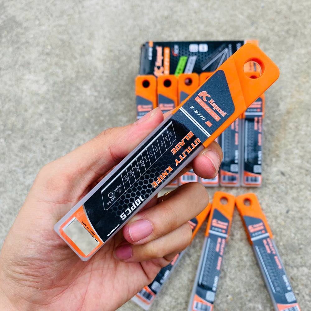 Hộp 10 lưỡi dao rọc giấy KAPUSI cao cấp, thép CRV, lưỡi dao đen cao cấp