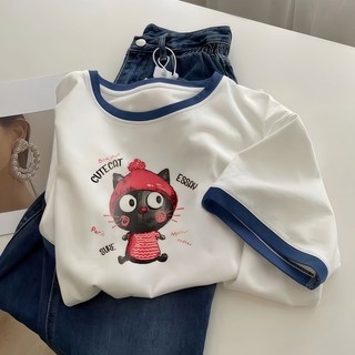 Áo thun nữ ngắn tay phối viền Tizon_fashionvn, chất liệu cotton 100% với họa tiết in xinh xắn, thời trang.