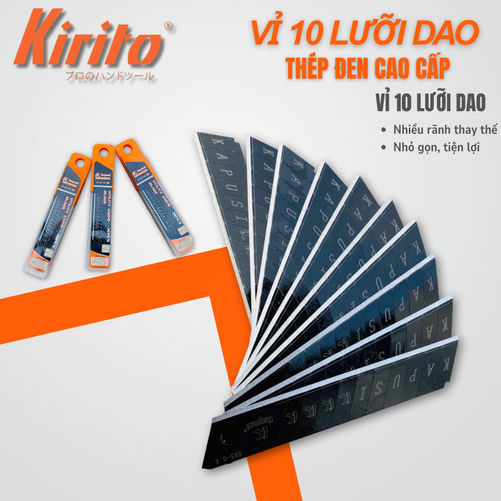 Hộp 10 lưỡi dao rọc giấy KAPUSI cao cấp, thép CRV, lưỡi dao đen cao cấp