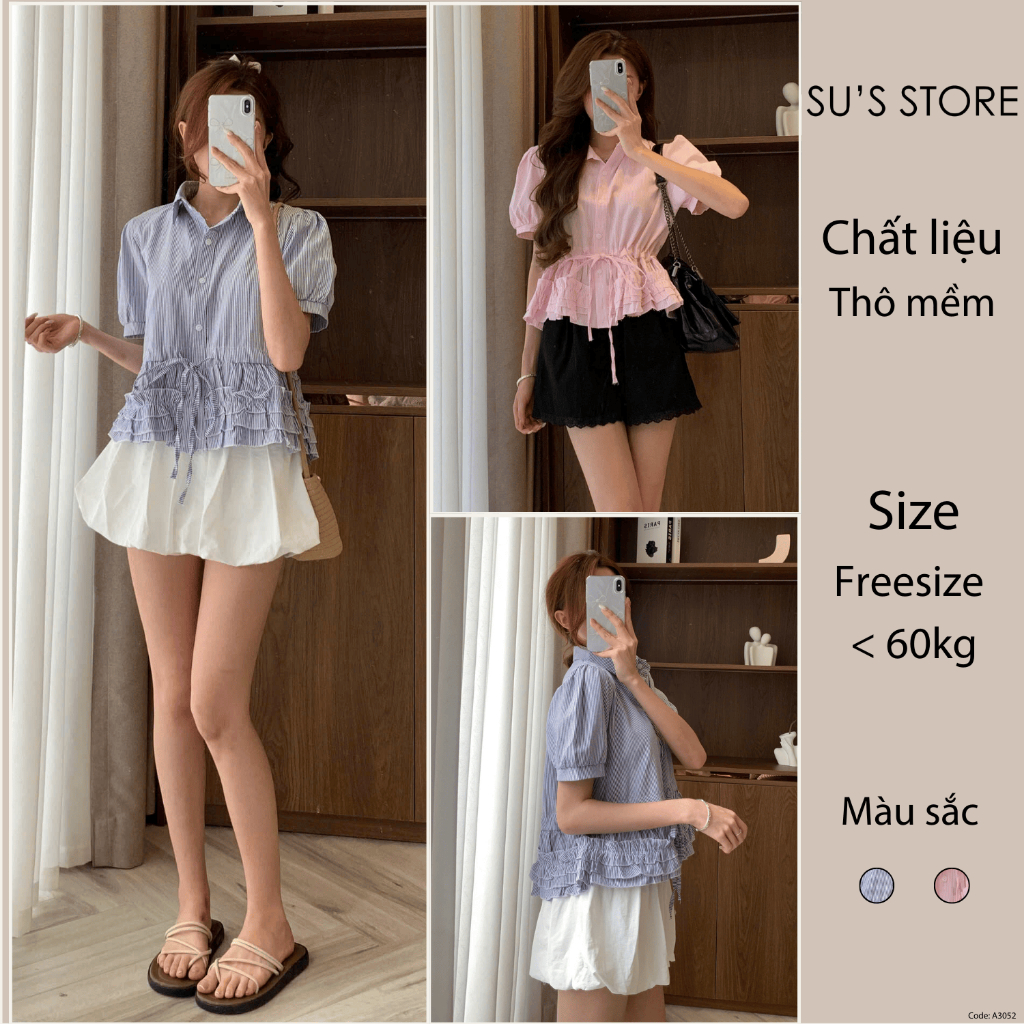 Áo Sơ Mi Thô Hàn Cộc Tay Bồng Rút Eo Phối Tầng Bèo A3052 Susstore Thời ...