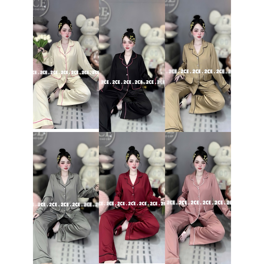 NÚT ĐÁ - Đồ bộ pijama Nắp Túi lụa mịn mát tay dài quần dài viền sang trơn women