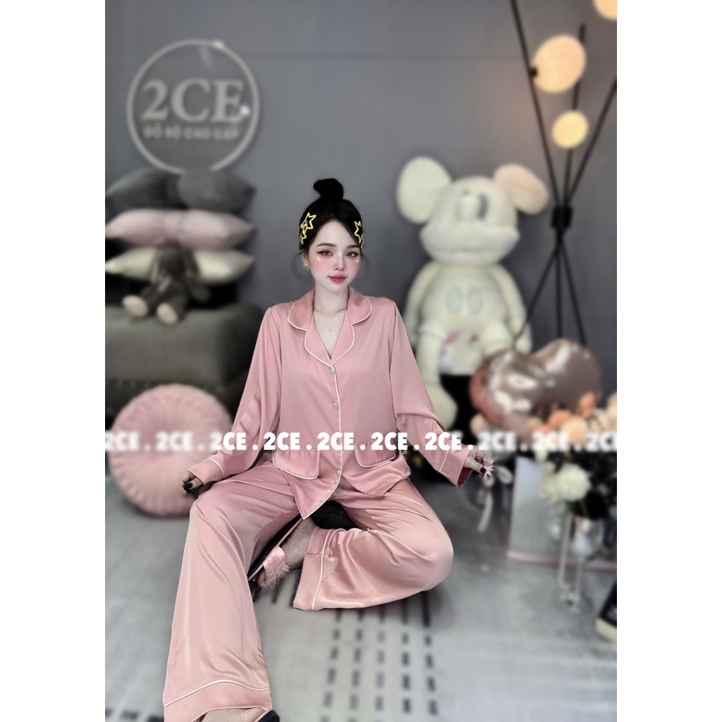 NÚT ĐÁ - Đồ bộ pijama Nắp Túi lụa mịn mát tay dài quần dài viền sang trơn women