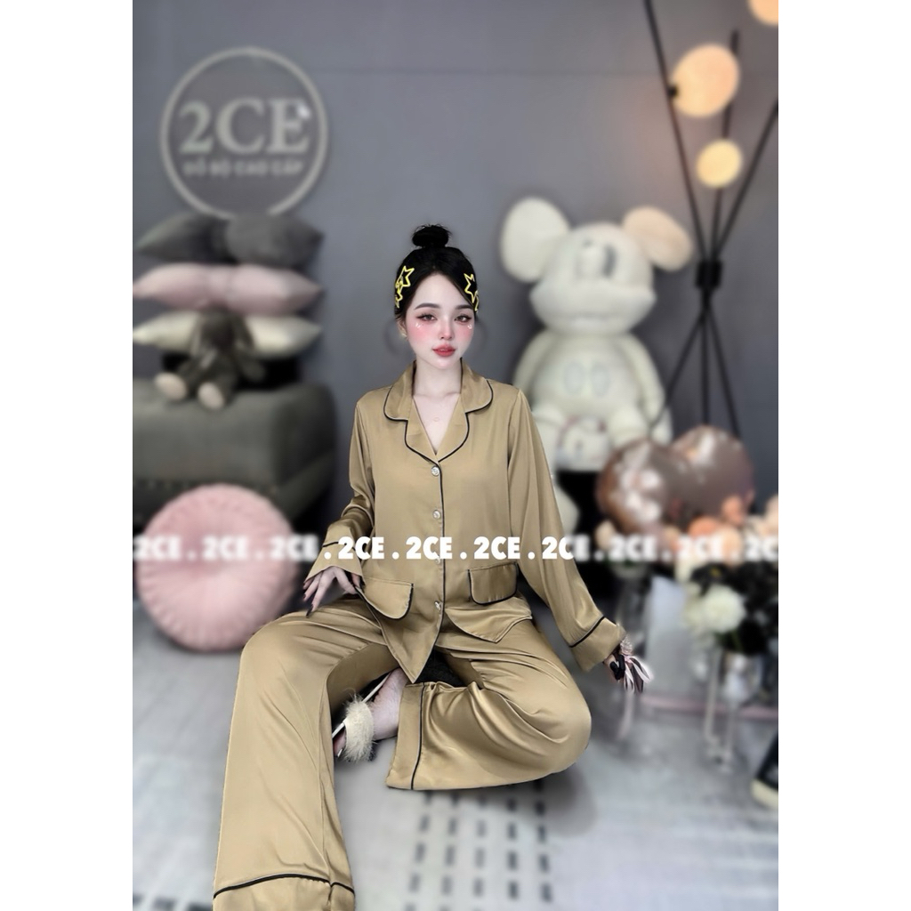 NÚT ĐÁ - Đồ bộ pijama Nắp Túi lụa mịn mát tay dài quần dài viền sang trơn women