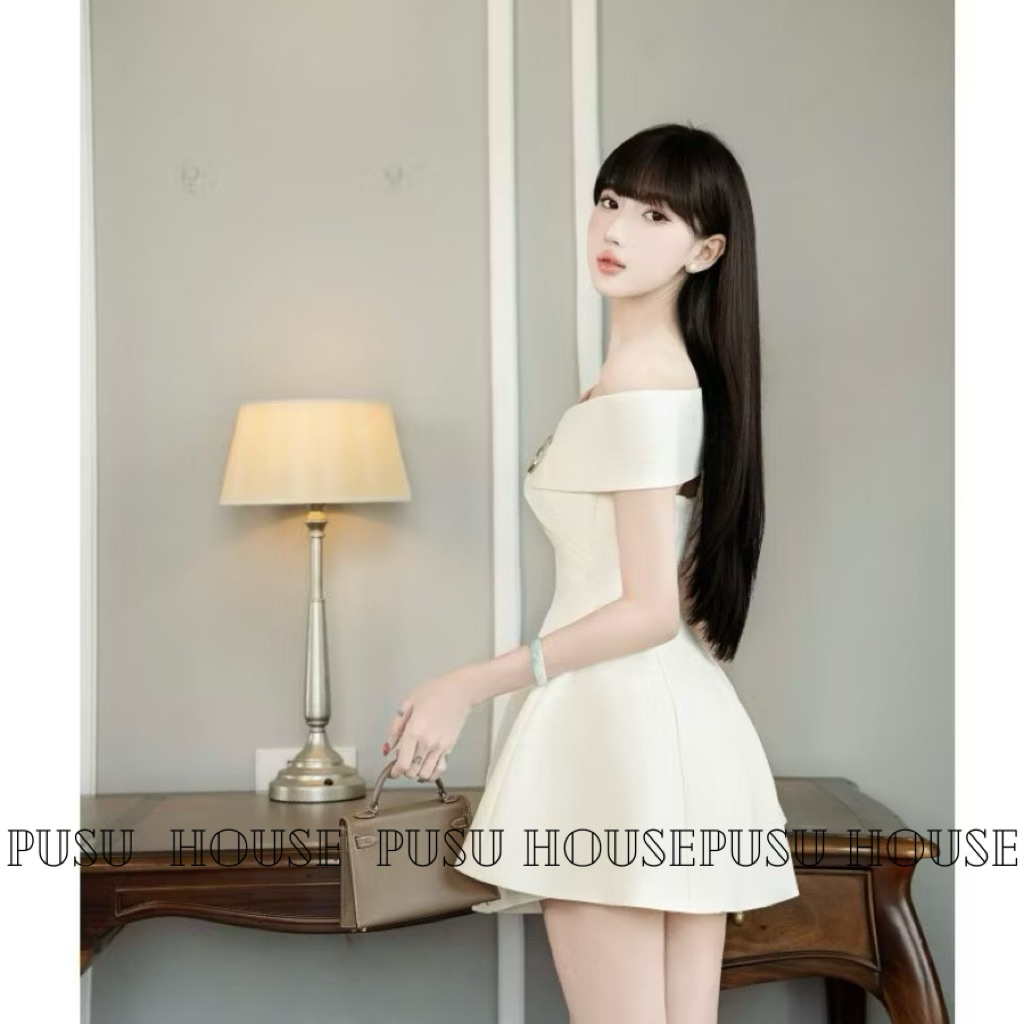 Đầm nữ dự tiệc dáng ngắn trễ vai kèm tag cài cao cấp tiểu thư sang chảnh siêu xinh - Pusu house