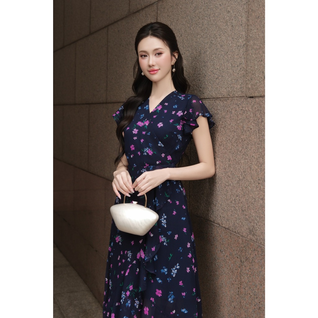Đầm Cổ Chéo Nhún Bèo The Kat House, vải chiffon Hàn, ôm vừa vặn, tôn dáng, xinh xắn dễ thương