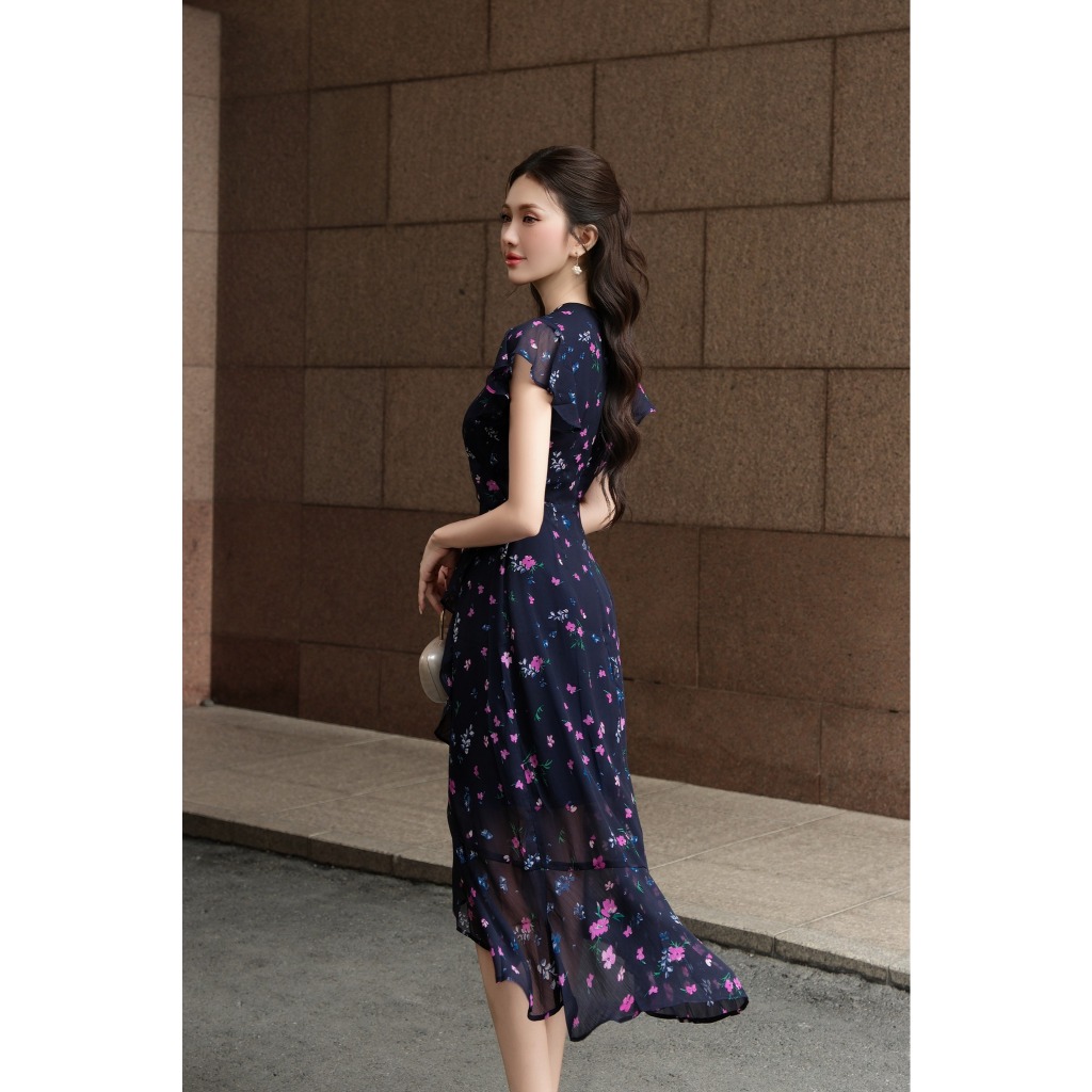 Đầm Cổ Chéo Nhún Bèo The Kat House, vải chiffon Hàn, ôm vừa vặn, tôn dáng, xinh xắn dễ thương