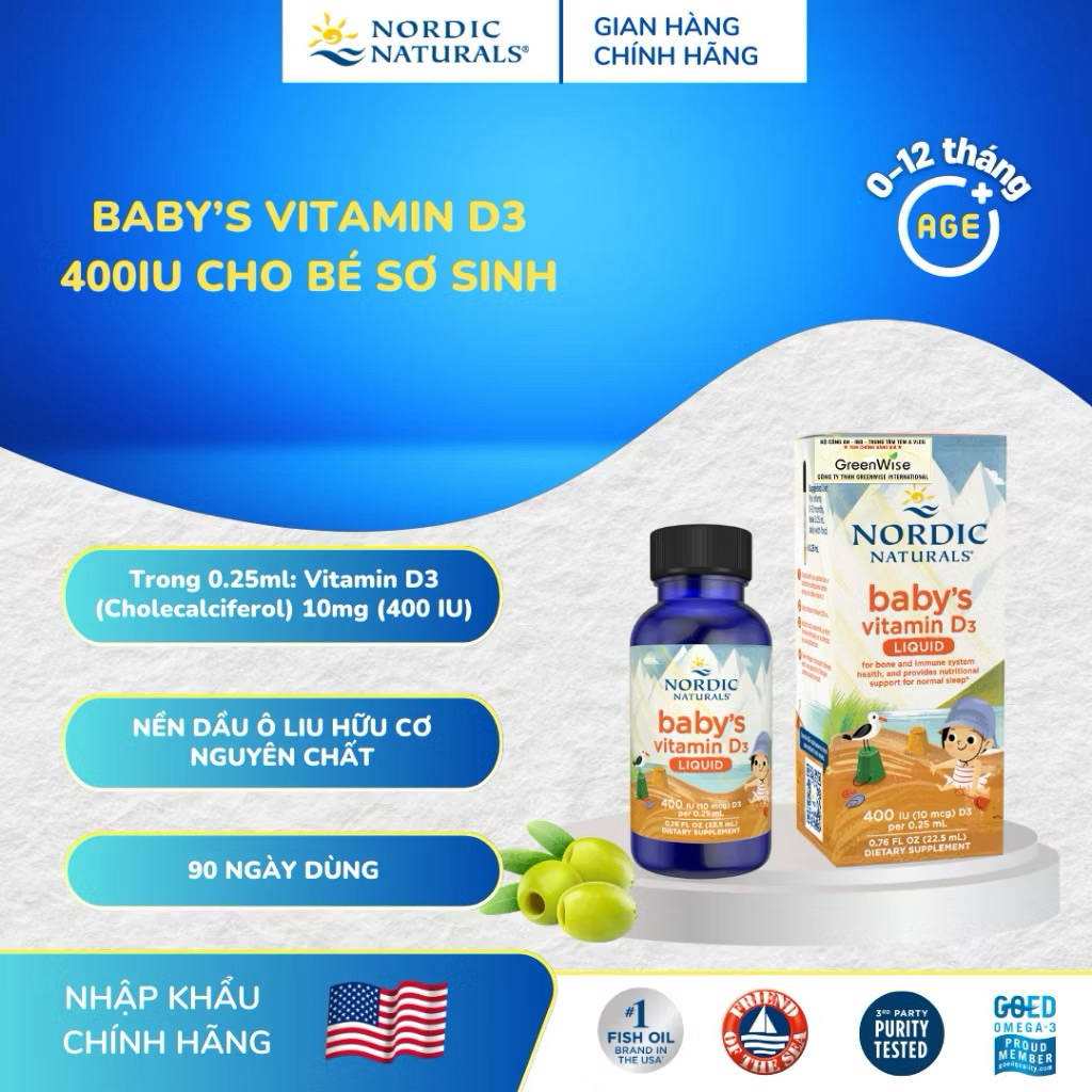 Vitamin D3 thuần tinh khiết Nordic Naturals lọ 22,5ml, Hỗ trợ phát ...