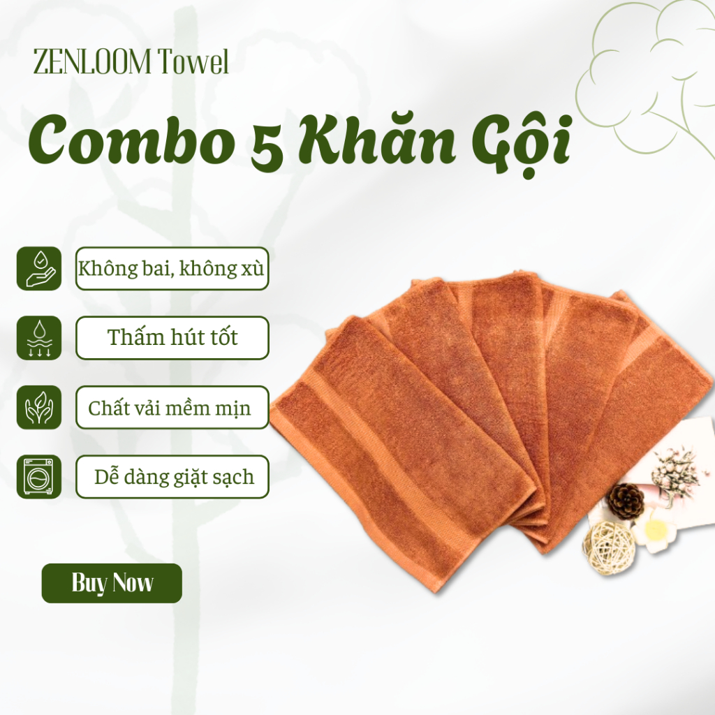 Combo 5 Khăn Gội 100% Cotton Cao Cấp Mềm Mịn Thấm Hút Không Ra Màu
