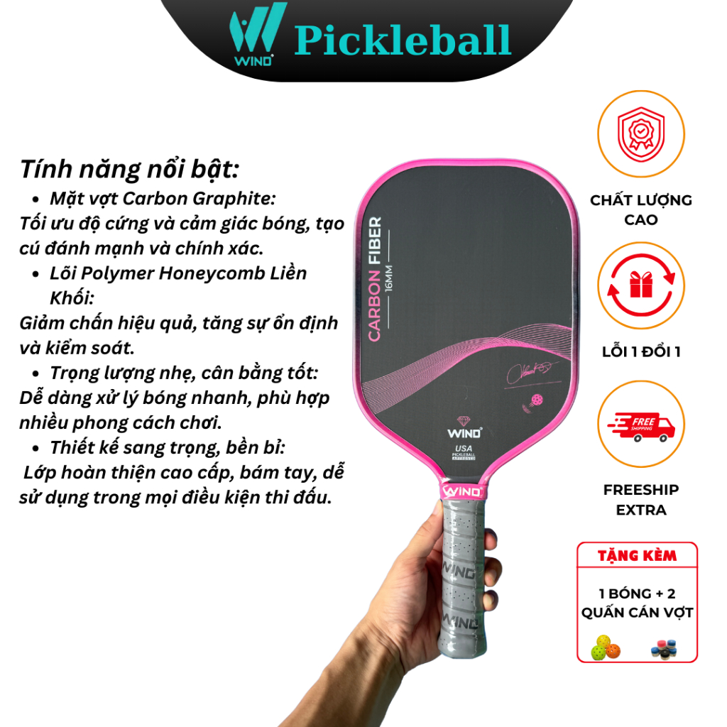 Vợt Pickleball WIND AMUN - Mặt Carbon Graphite Siêu Bền, Kiểm Soát Bóng Chính Xác, Giảm Rung Hiệu Quả
