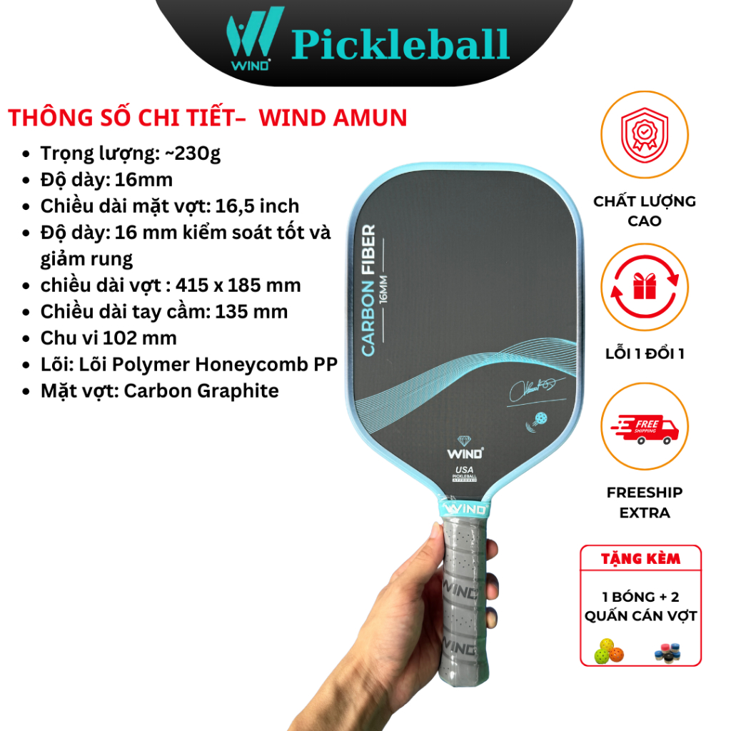 Vợt Pickleball WIND AMUN - Mặt Carbon Graphite Siêu Bền, Kiểm Soát Bóng Chính Xác, Giảm Rung Hiệu Quả