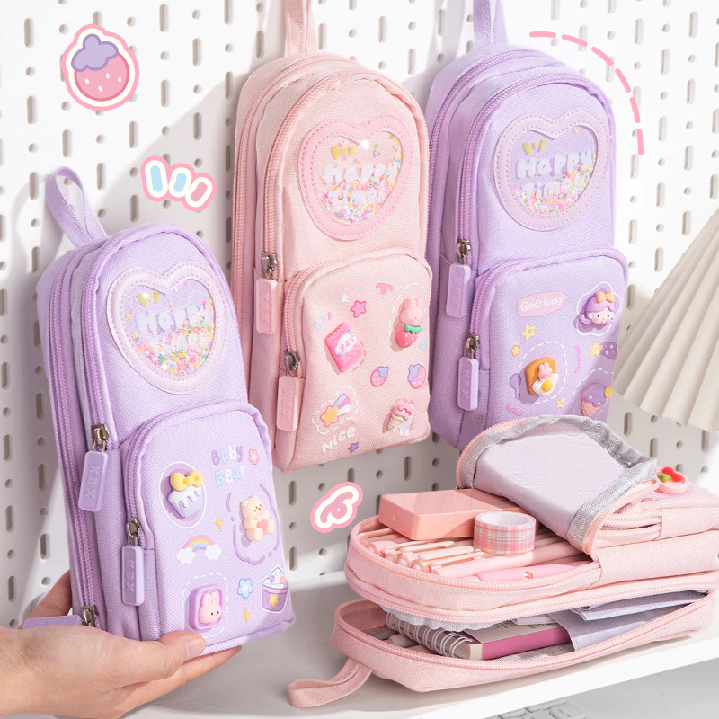 Hộp bút dáng balo 3 lớp 6 ngăn gắn charm 3D xinh xắn, túi đựng bút bé gái cao cấp, đồ dùng họ tập, văn phòng ntt95
