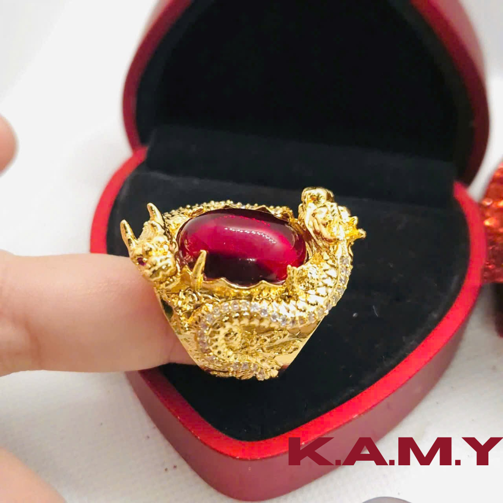 Nhẫn Nam Rồng Mạ Vàng 18K Đính Đá Đỏ Ruby Sang Trọng – Trang Sức Phong Thủy May Mắn