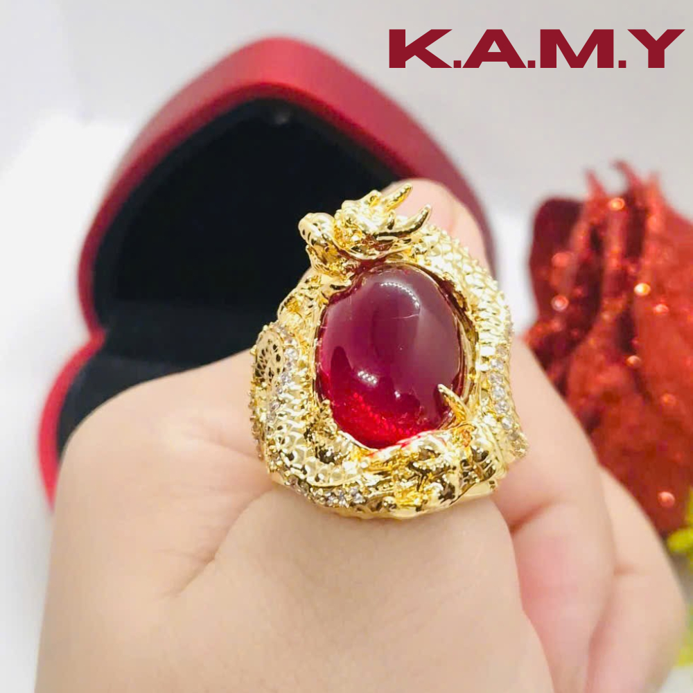 Nhẫn Nam Rồng Mạ Vàng 18K Đính Đá Đỏ Ruby Sang Trọng – Trang Sức Phong Thủy May Mắn