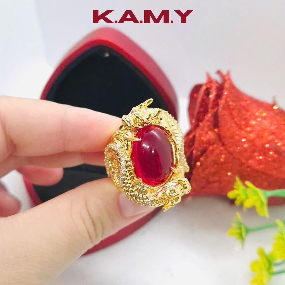 Nhẫn Nam Rồng Mạ Vàng 18K Đính Đá Đỏ Ruby Sang Trọng – Trang Sức Phong Thủy May Mắn