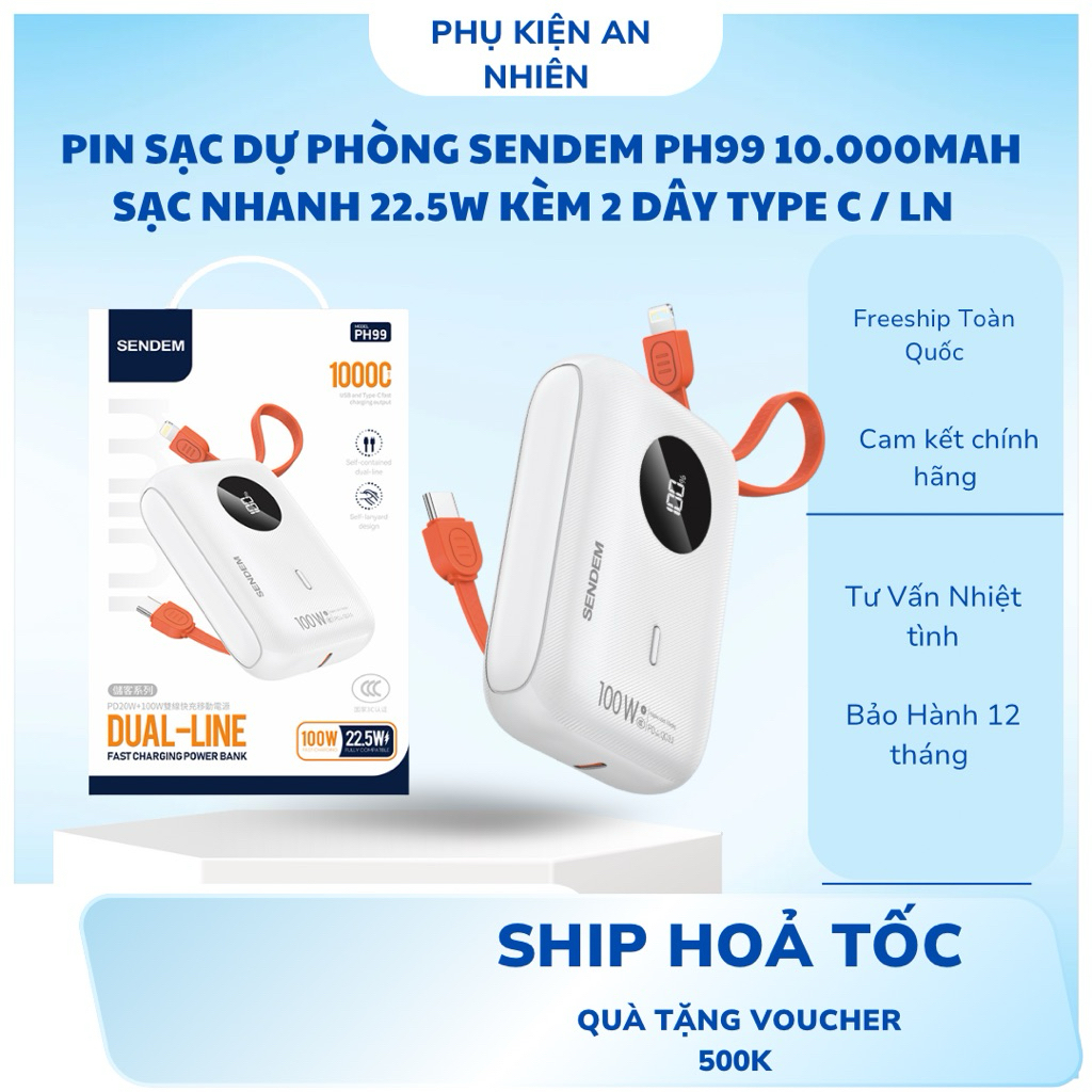 ( CÓ CCC ) PIN SẠC DỰ PHÒNG SENDEM PH99 10.000MAH SẠC NHANH 22.5W KÈM 2 ...