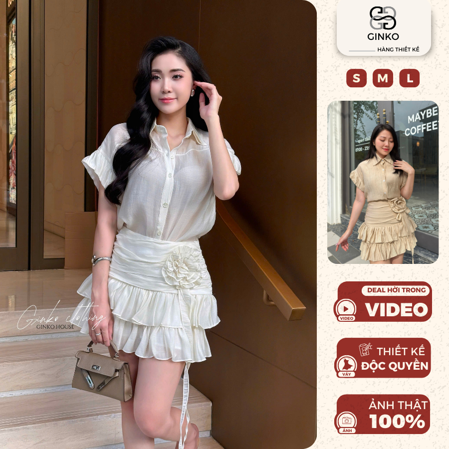 Set đồ nữ tiểu thư áo tay ngắn, váy tầng tiểu thư chất tơ có quần bảo hộ GINKO CLOTHING